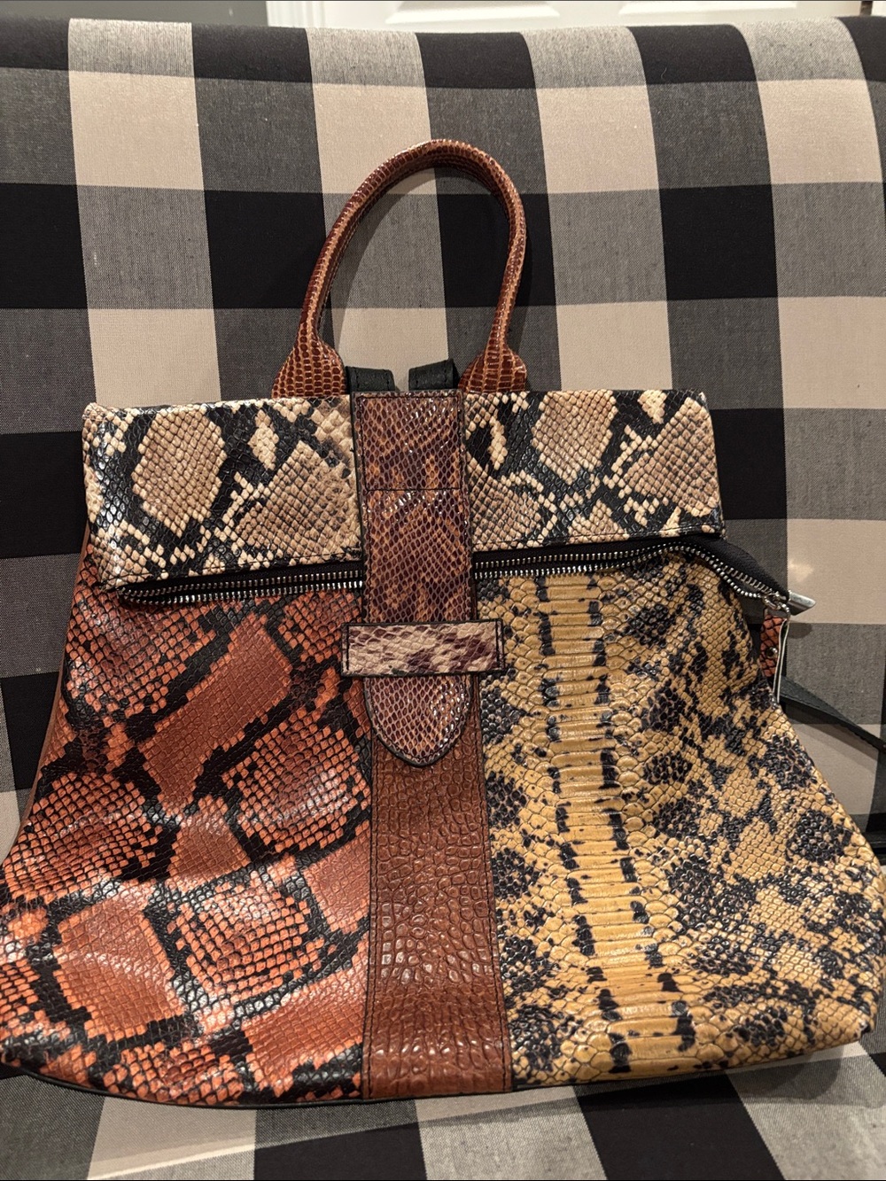 Snake skin  Patchwork Tote Bag in Brown, Tan & Black